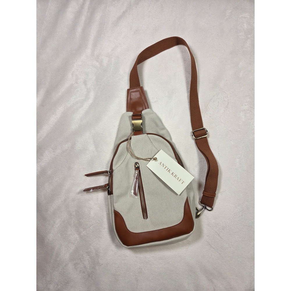 NWT Antik Kraft Samara Canvas Sling Bag Cream Brown Crossbody Vegan Leather